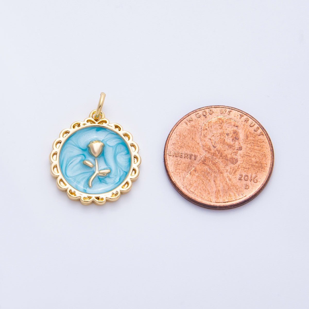 18K Gold Filled 17mm Blue, Pink, White Glitter Enamel Rose Flower Enamel Stamped Round Charm | CHARMS - 00314 ~ CHARMS - 00316 - DLUXCA