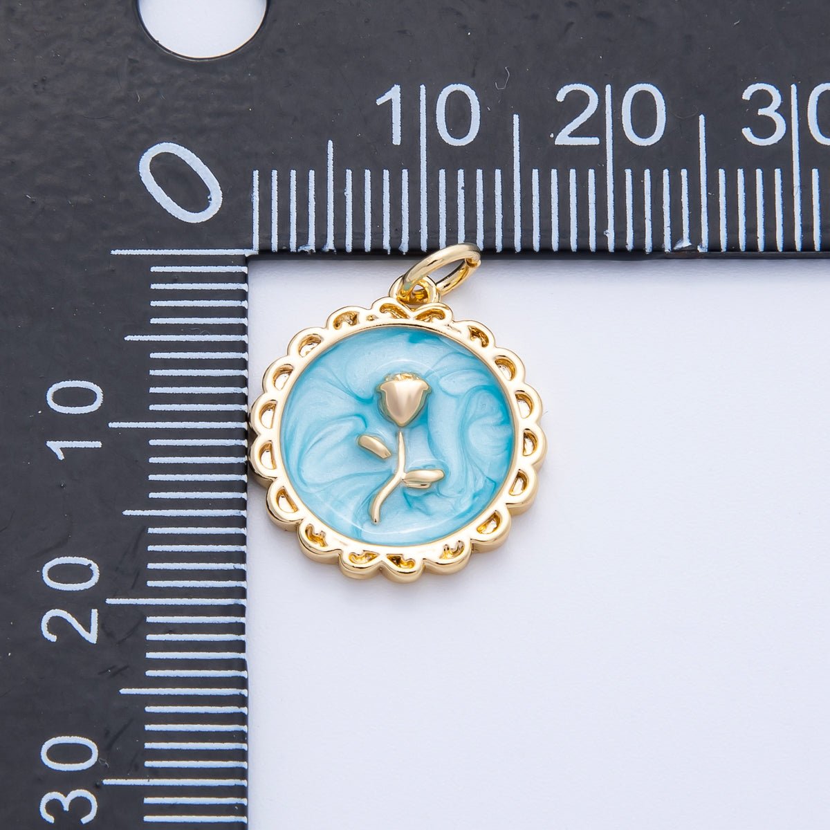 18K Gold Filled 17mm Blue, Pink, White Glitter Enamel Rose Flower Enamel Stamped Round Charm | CHARMS - 00314 ~ CHARMS - 00316 - DLUXCA