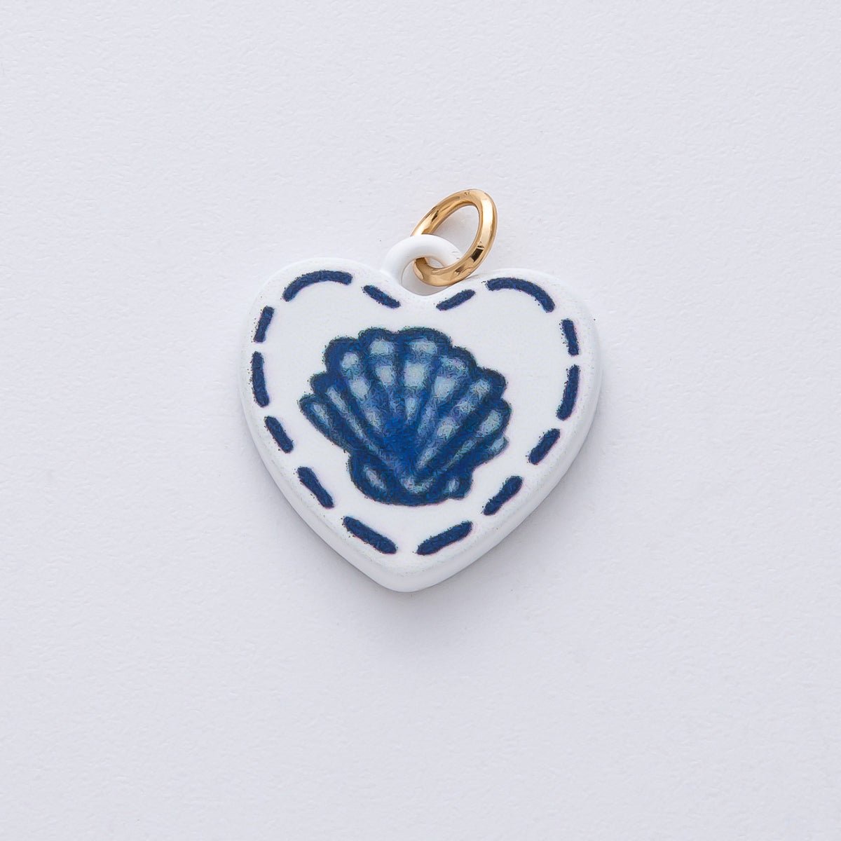18K Gold Filled 17mm Blue Sea Shell White Enamel Heart Charm | AF1613 - DLUXCA