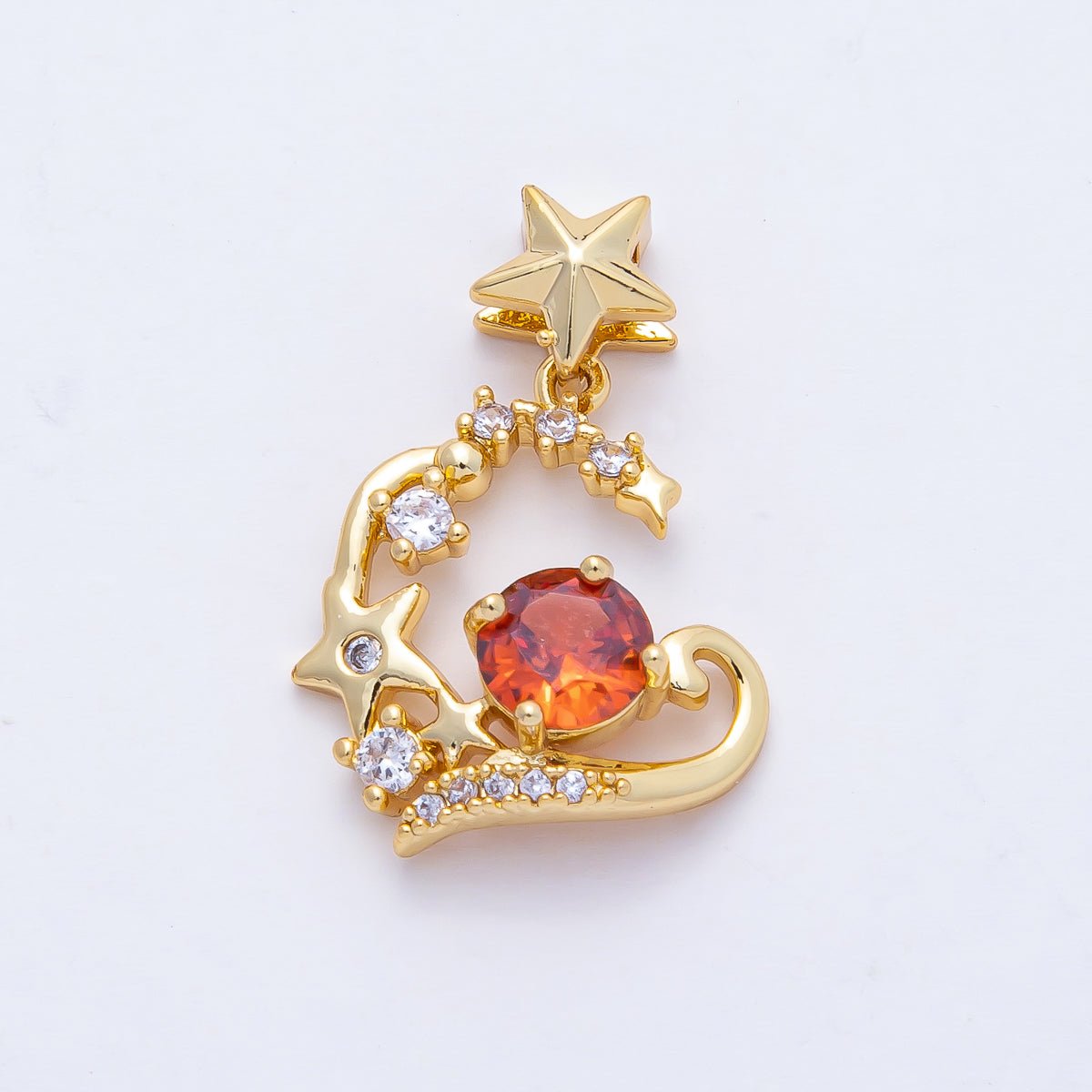 18K Gold Filled 17mm Celestial Stars with Red Round CZ Pendant Charm | AF1183 - DLUXCA