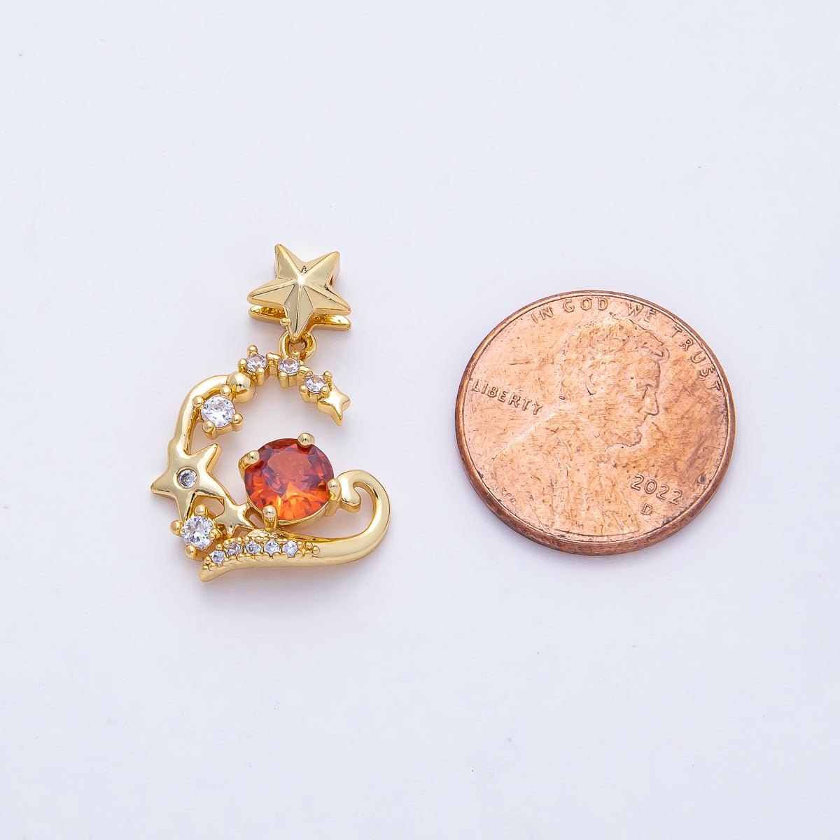 18K Gold Filled 17mm Celestial Stars with Red Round CZ Pendant Charm | AF1183 - DLUXCA