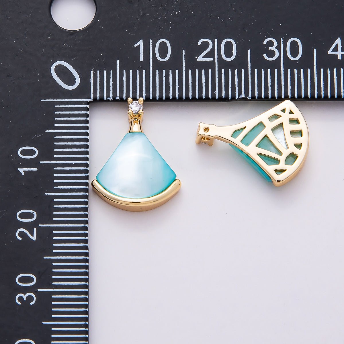 18K Gold Filled 17mm Clear CZ Mother of Pearl Triangle Fan Pendant | Charms - 00753 - Charms - 00755 - DLUXCA