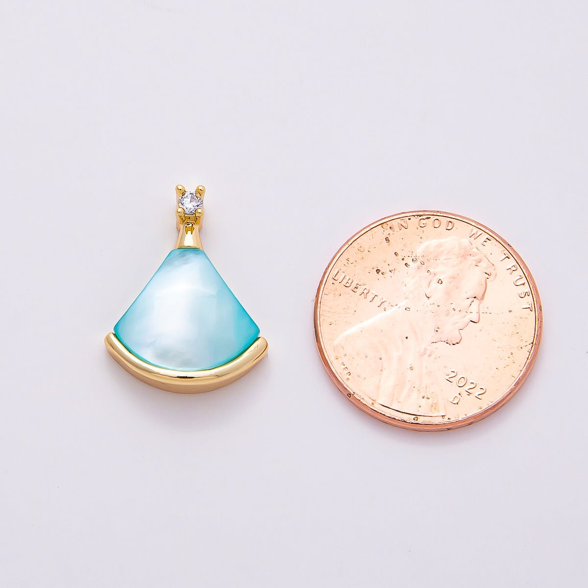18K Gold Filled 17mm Clear CZ Mother of Pearl Triangle Fan Pendant | Charms - 00753 - Charms - 00755 - DLUXCA