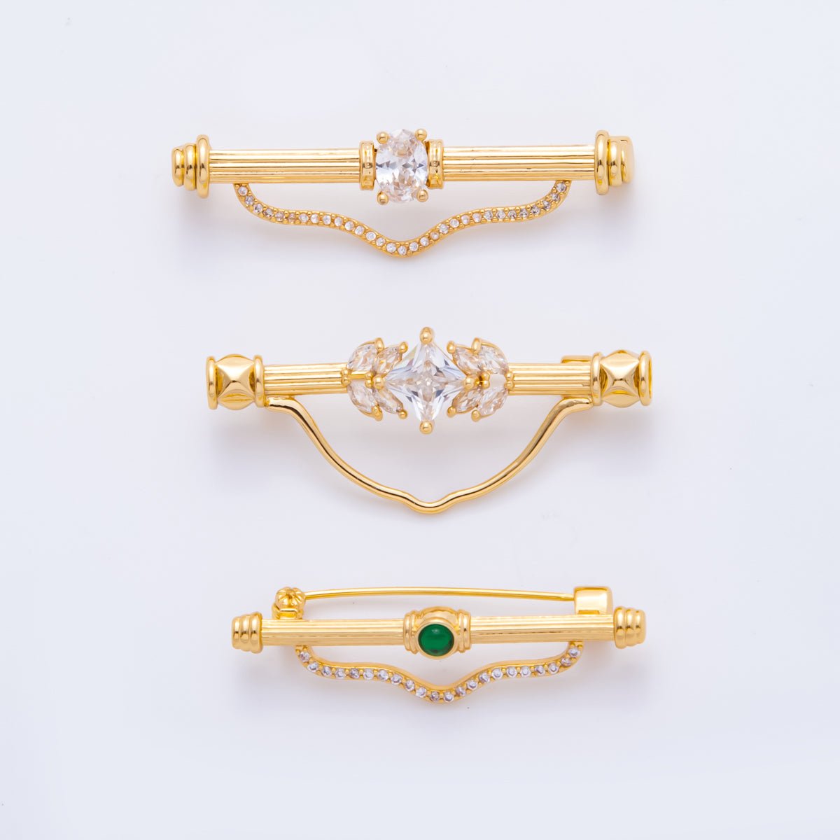 18K Gold Filled 17mm Emerald Green & Clear CZ Triple Vintage Brooch pin Charm Supply | Z - 1235 - Z - 1237 - DLUXCA