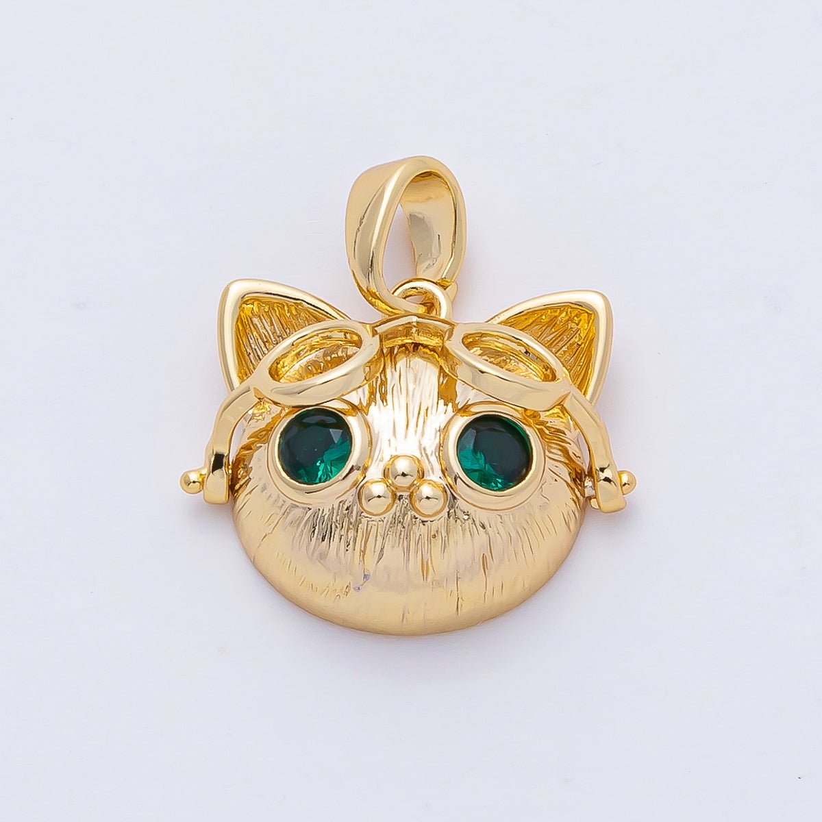 18K Gold Filled 17mm Emerald Green Cool Cat in Goggles Glasses Animal Pendant Charm | AF1176 - DLUXCA