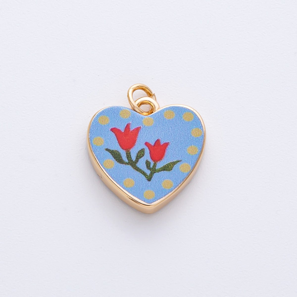 18K Gold Filled 17mm Red Flower Blue Enamel Heart Charm | AF1604 - DLUXCA