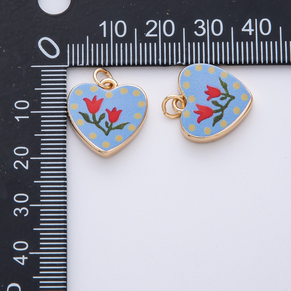 18K Gold Filled 17mm Red Flower Blue Enamel Heart Charm | AF1604 - DLUXCA