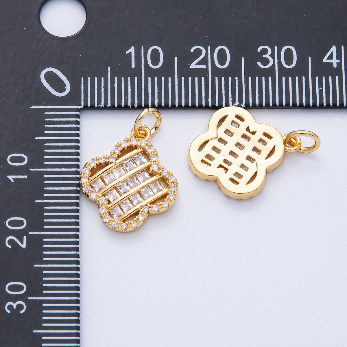 18K Gold Filled 17mm Woven Square Baguette CZ Micro Paved Clover Charm | AK179 - DLUXCA