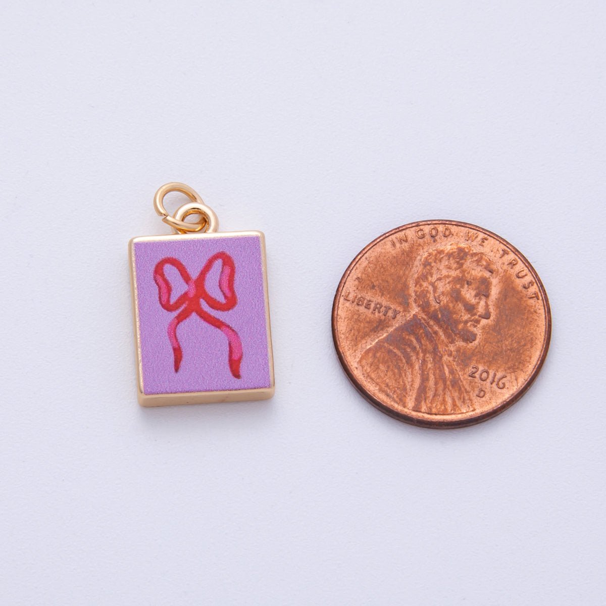 18K Gold Filled 18.2mm Ribbon Bow Pink Rectangle Charm | AF1599 - DLUXCA