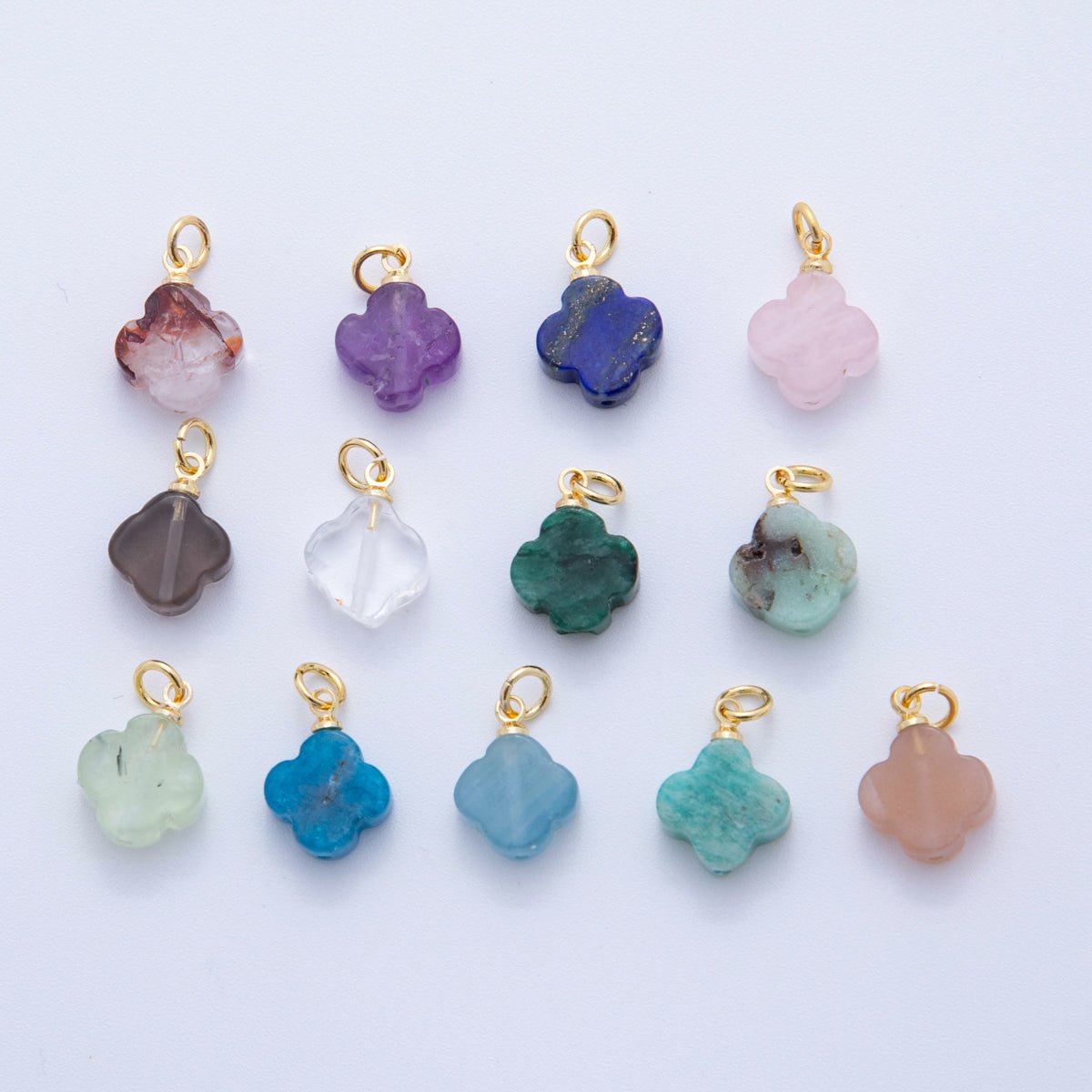 18K Gold Filled 18.5mm Icy Obsidian, Apatite, Amazonite Clover Leaf Quatrefoil Leaf Gemstone Charm | AH875 - AH881 - DLUXCA