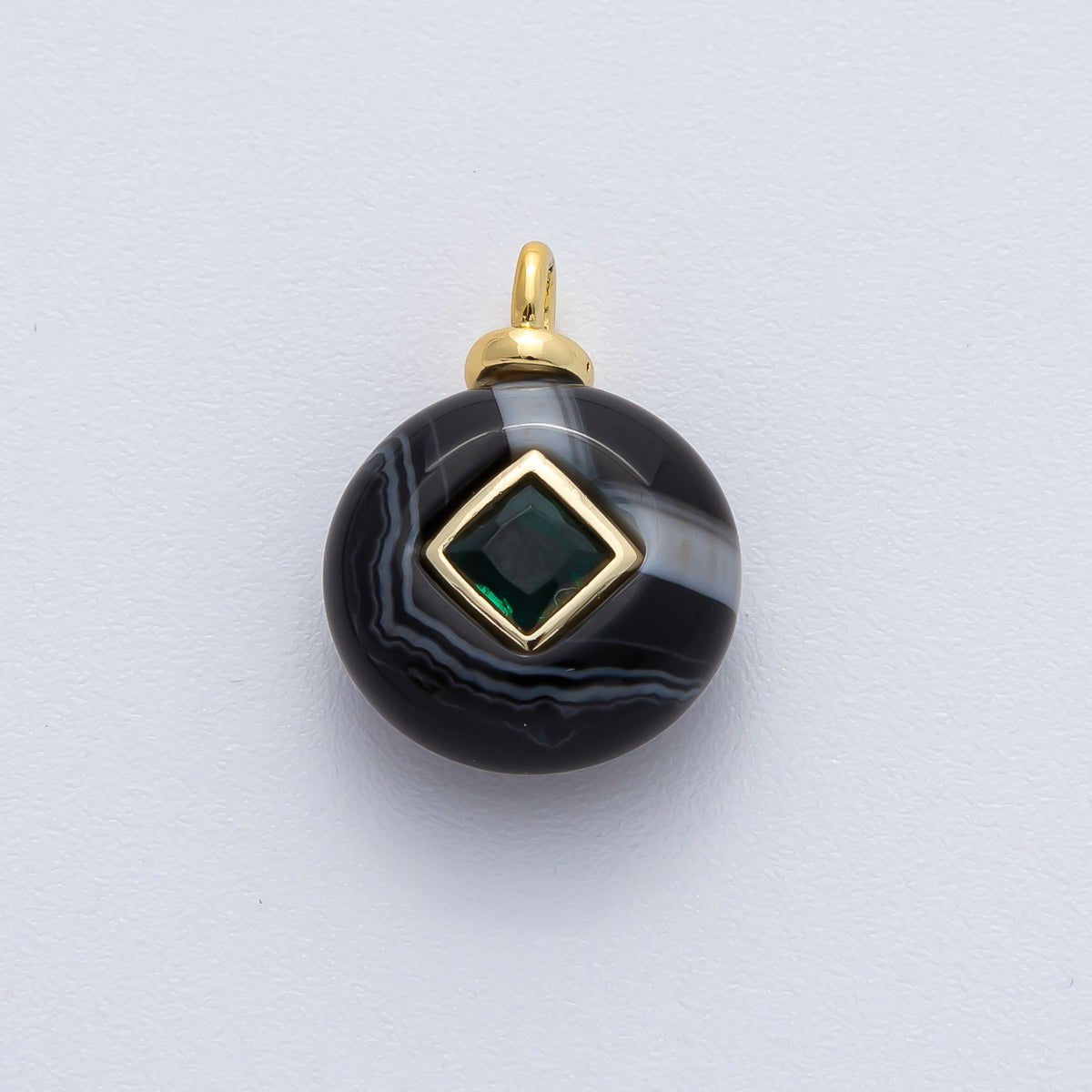 18K Gold Filled 18mm Black Agate with Emerald Green CZ Round Natural Gemstone Pendant | AF1449 - DLUXCA