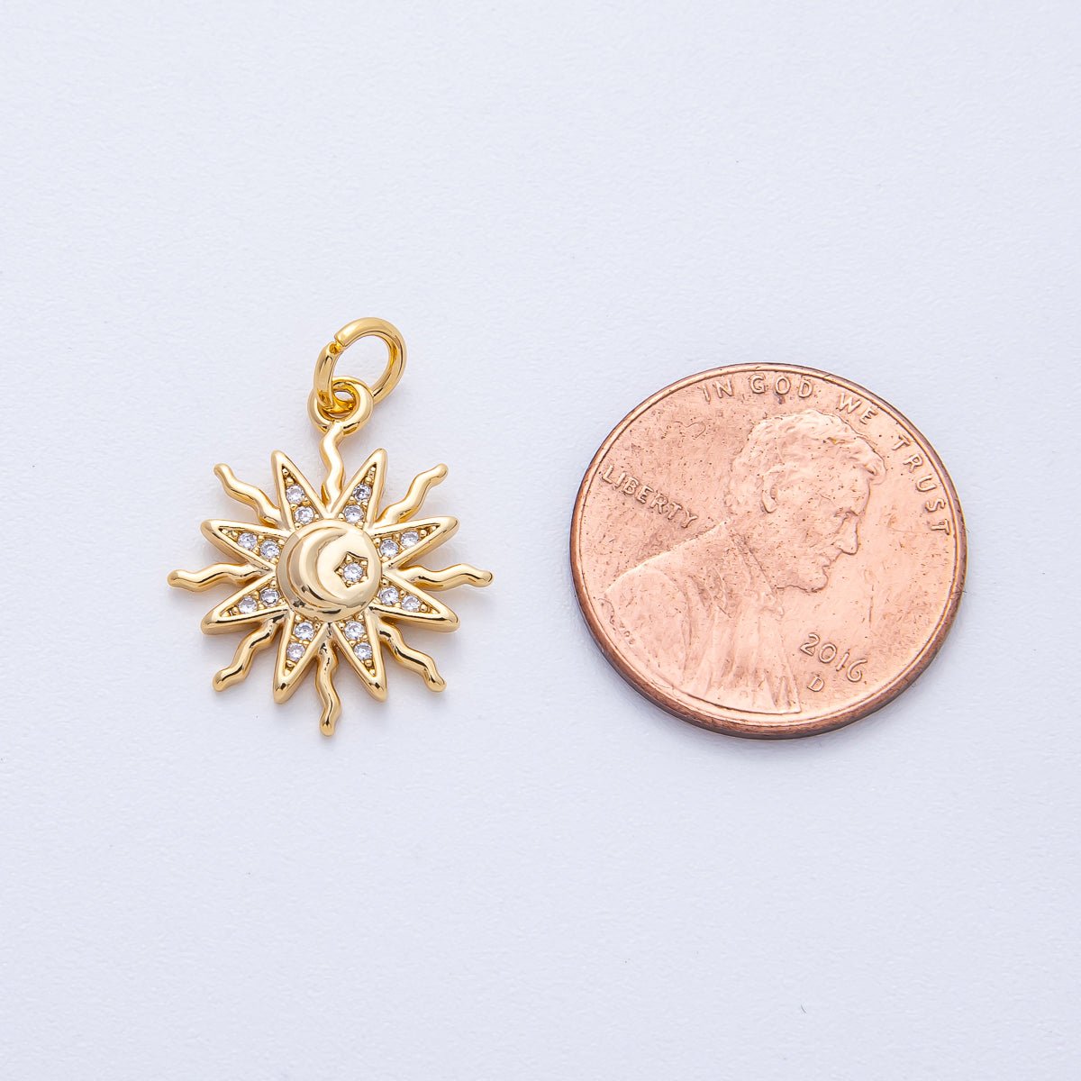 18K Gold Filled 18mm Clear Micro Paved CZ Celestial Crescent Moon Star Sun Ray Charm | AK164 - DLUXCA