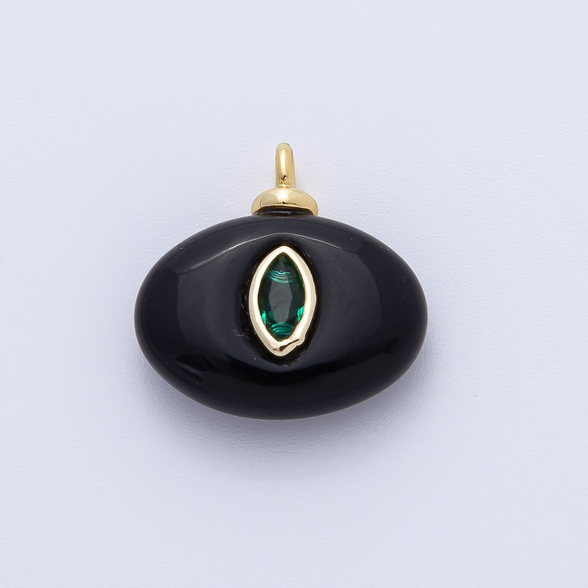 18K Gold Filled 18mm Emerald Green Oval CZ Embedded Oval Black Agate Gemstone Drop Charm | AF1389 - DLUXCA