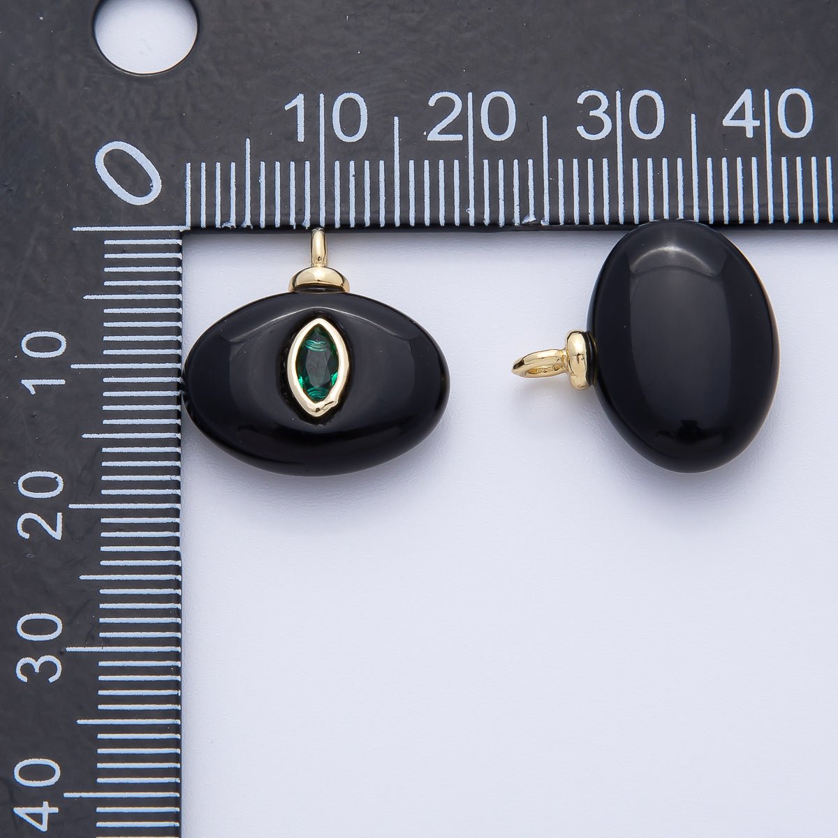 18K Gold Filled 18mm Emerald Green Oval CZ Embedded Oval Black Agate Gemstone Drop Charm | AF1389 - DLUXCA