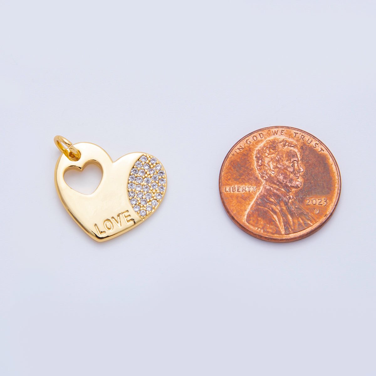 18K Gold Filled 18mm Micro Paved CZ Open Heart in Heart with Love Transcript Charm | N601 - DLUXCA