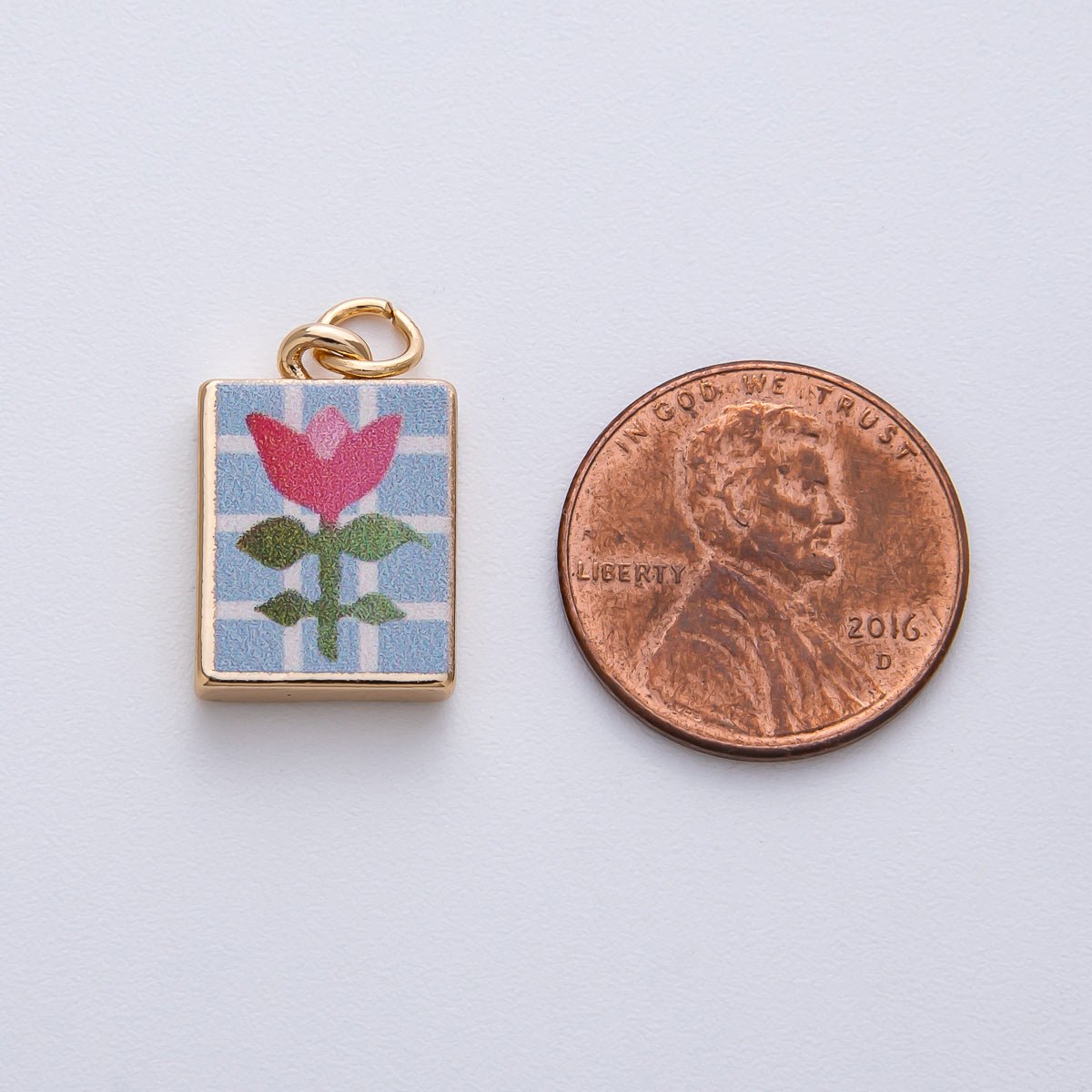 18K Gold Filled 18mm Pink Flower Blue Enamel Rectangular Charm | AF1598 - DLUXCA