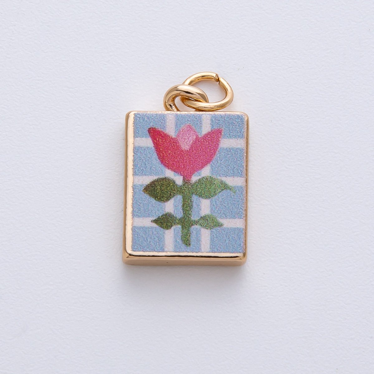 18K Gold Filled 18mm Pink Flower Blue Enamel Rectangular Charm | AF1598 - DLUXCA