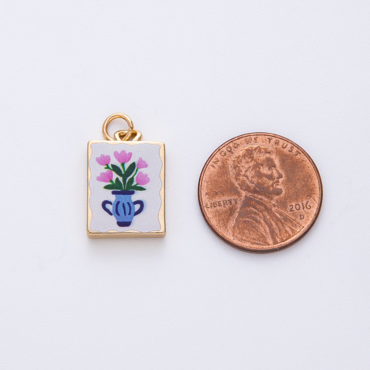 18K Gold Filled 18mm Pink Flower Blue Vase White Enamel Rectangular Charm | AF1601 - DLUXCA