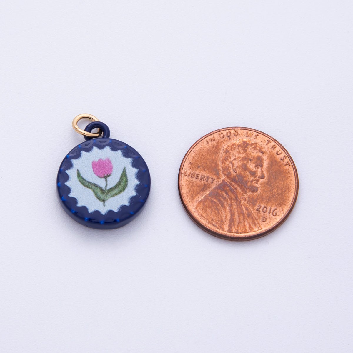 18K Gold Filled 18mm Pink Rose Flower Blue Round Charm | AF1615 - DLUXCA