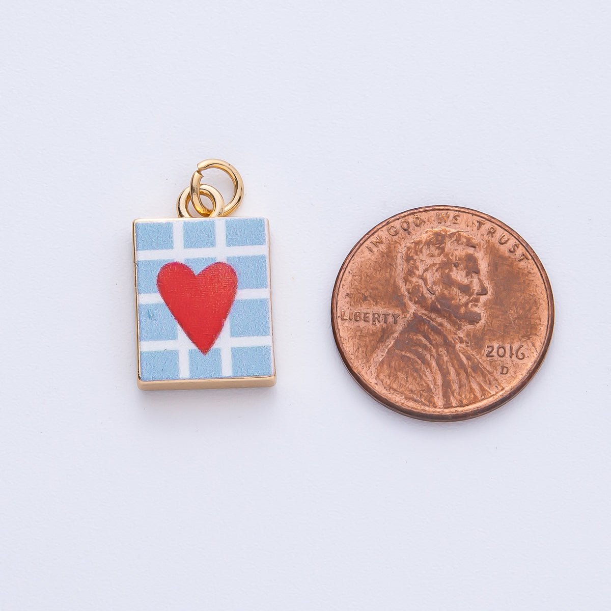 18K Gold Filled 18mm Red Heart Blue Enamel Rectangular Charm | AF1600 - DLUXCA