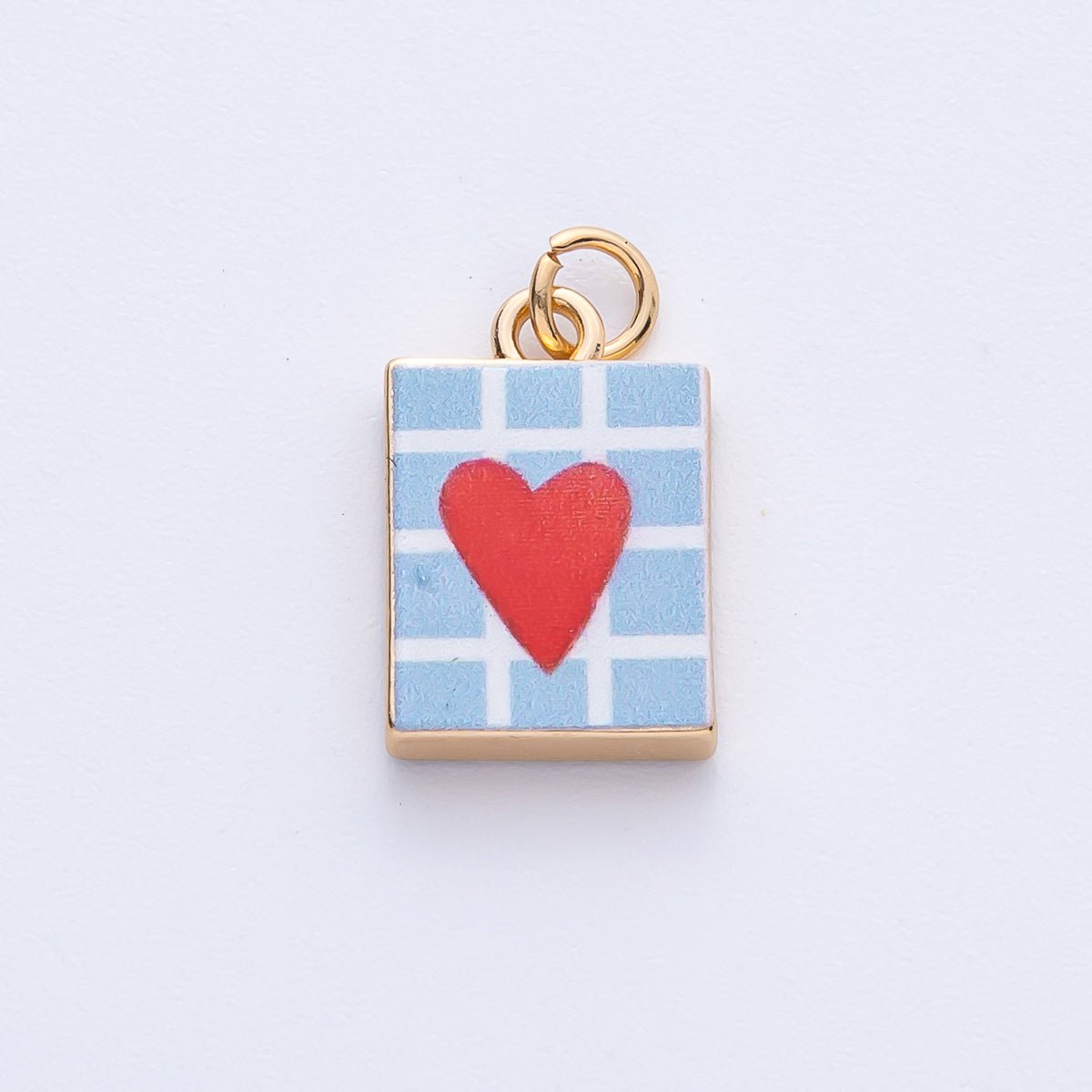 18K Gold Filled 18mm Red Heart Blue Enamel Rectangular Charm | AF1600 - DLUXCA