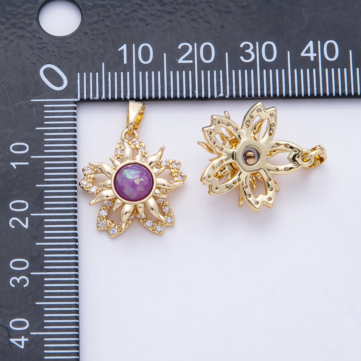 18K Gold Filled 18mm Spinning Rotating Purple Opal Sun Flower Pendant Charm | AF1170 - DLUXCA