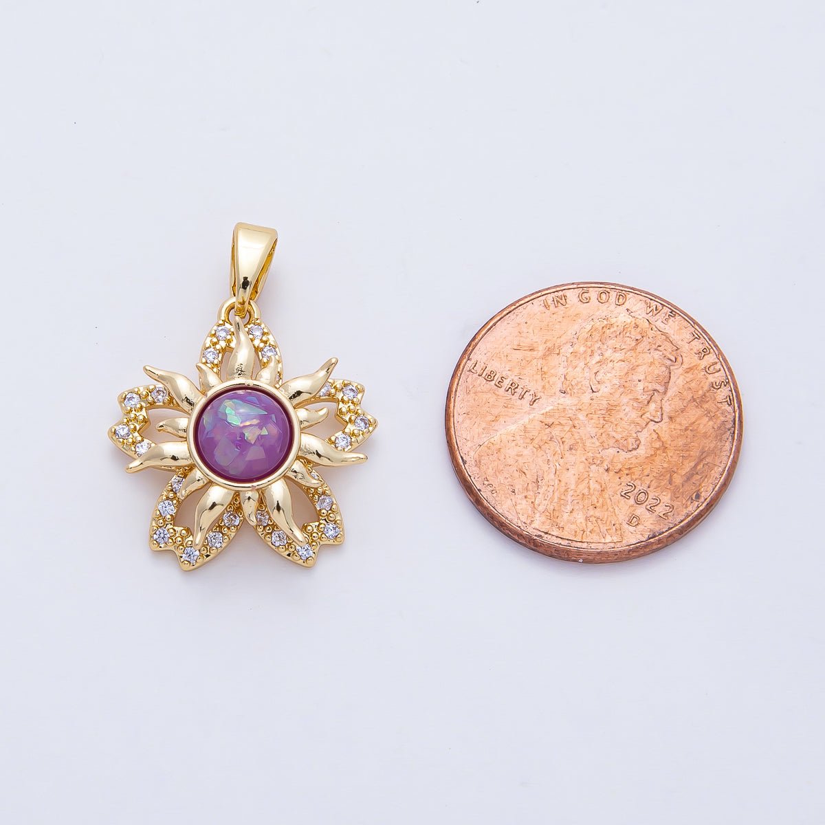 18K Gold Filled 18mm Spinning Rotating Purple Opal Sun Flower Pendant Charm | AF1170 - DLUXCA