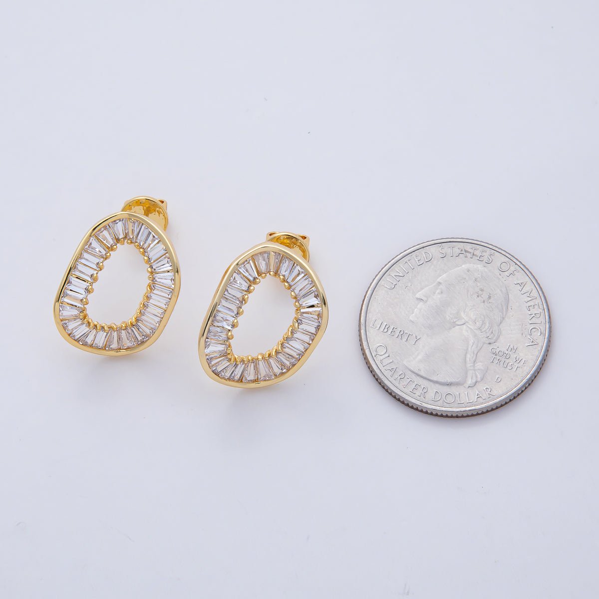 18K Gold Filled 19mm Clear Baguette CZ Curved Geometric Oval Stud Earrings | AD1657 - DLUXCA