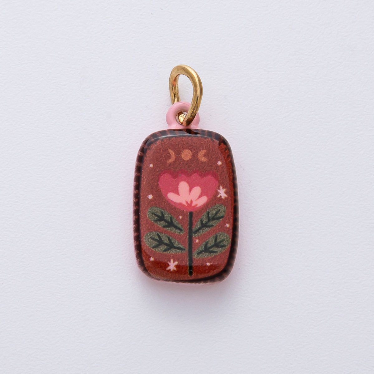 18K Gold Filled 20.5mm Red Brown Flower Enamel Double Sided Rectangular Charm | D420 - DLUXCA