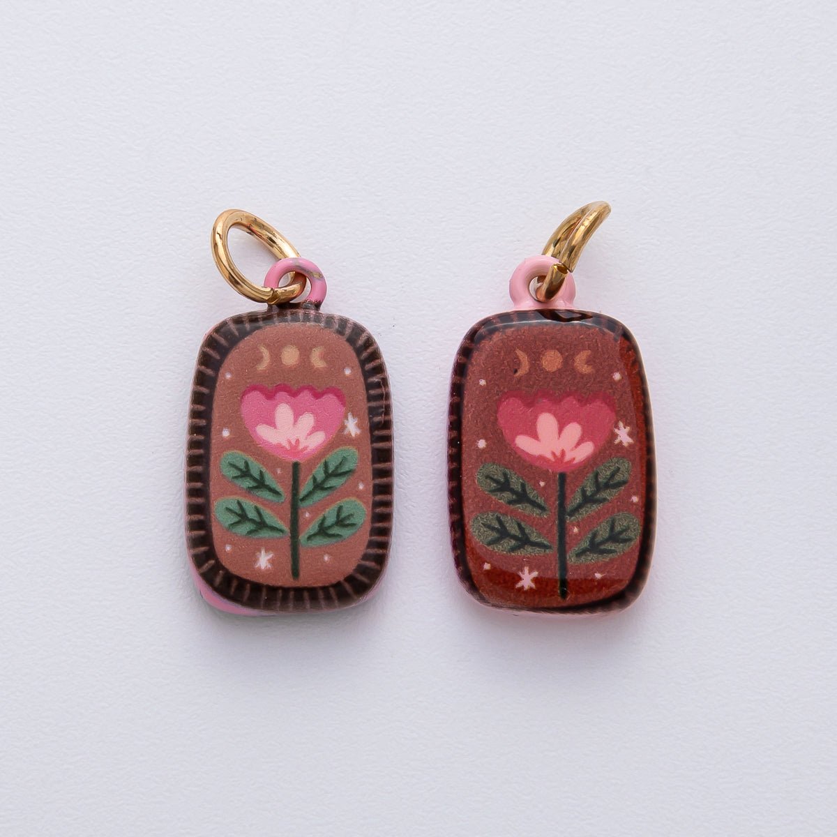 18K Gold Filled 20.5mm Red Brown Flower Enamel Double Sided Rectangular Charm | D420 - DLUXCA