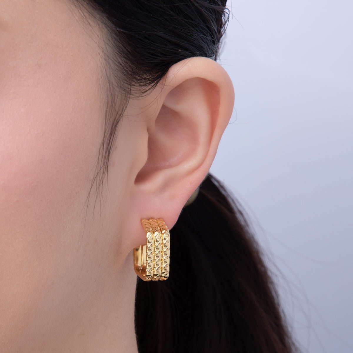 18K Gold Filled 20.5mm Triple Rope Geometric C - Shaped Hoop Earrings | AD1645 - DLUXCA