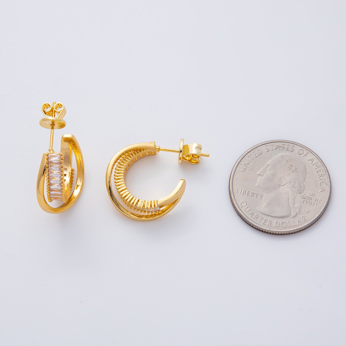 18K Gold Filled 20mm Baguette CZ Double Band C - Shaped Hoop Earrings | AD1599 - DLUXCA