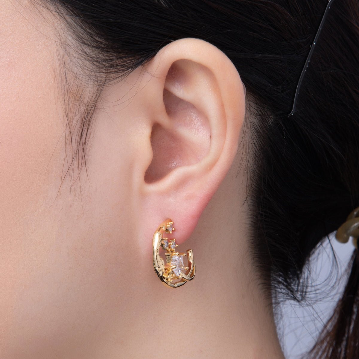 18K Gold Filled 20mm Celestial Star CZ Molten C - Shaped Hoop Earrings | AD1615 - DLUXCA