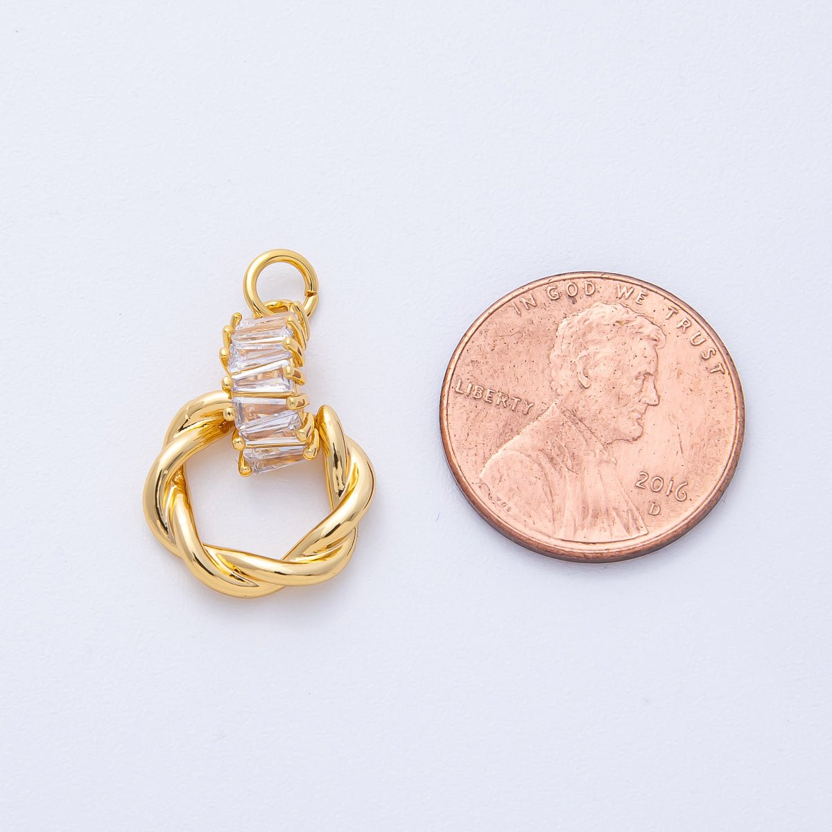 18K Gold Filled 20mm Clear Baguette CZ Twisted Round Drop Charm | Charms - 00049 - DLUXCA
