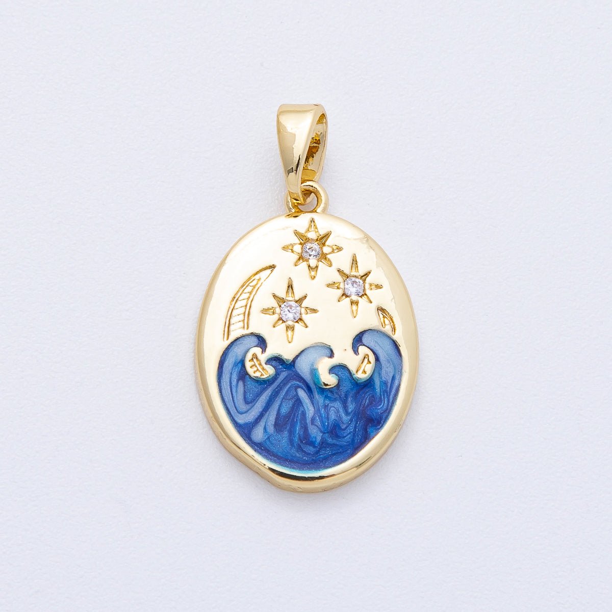 18K Gold Filled 20mm Clear CZ Celestial Crescent Moon Star Sea Ocean Oval Pendant | AF1233 - DLUXCA