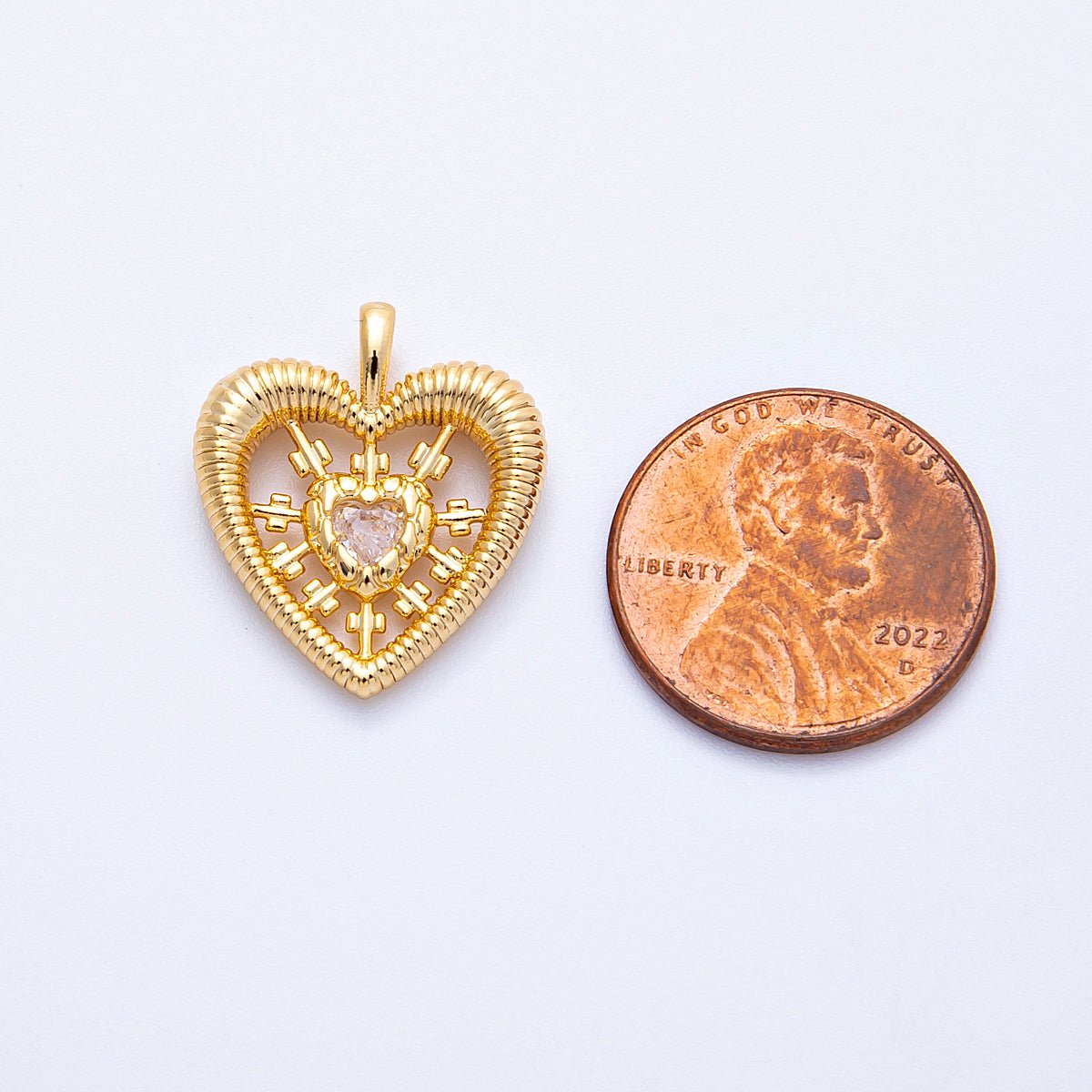 18K Gold Filled 20mm Clear CZ Pierced Sunburst Ribbed Heart Pendant | Charms - 00341 - DLUXCA
