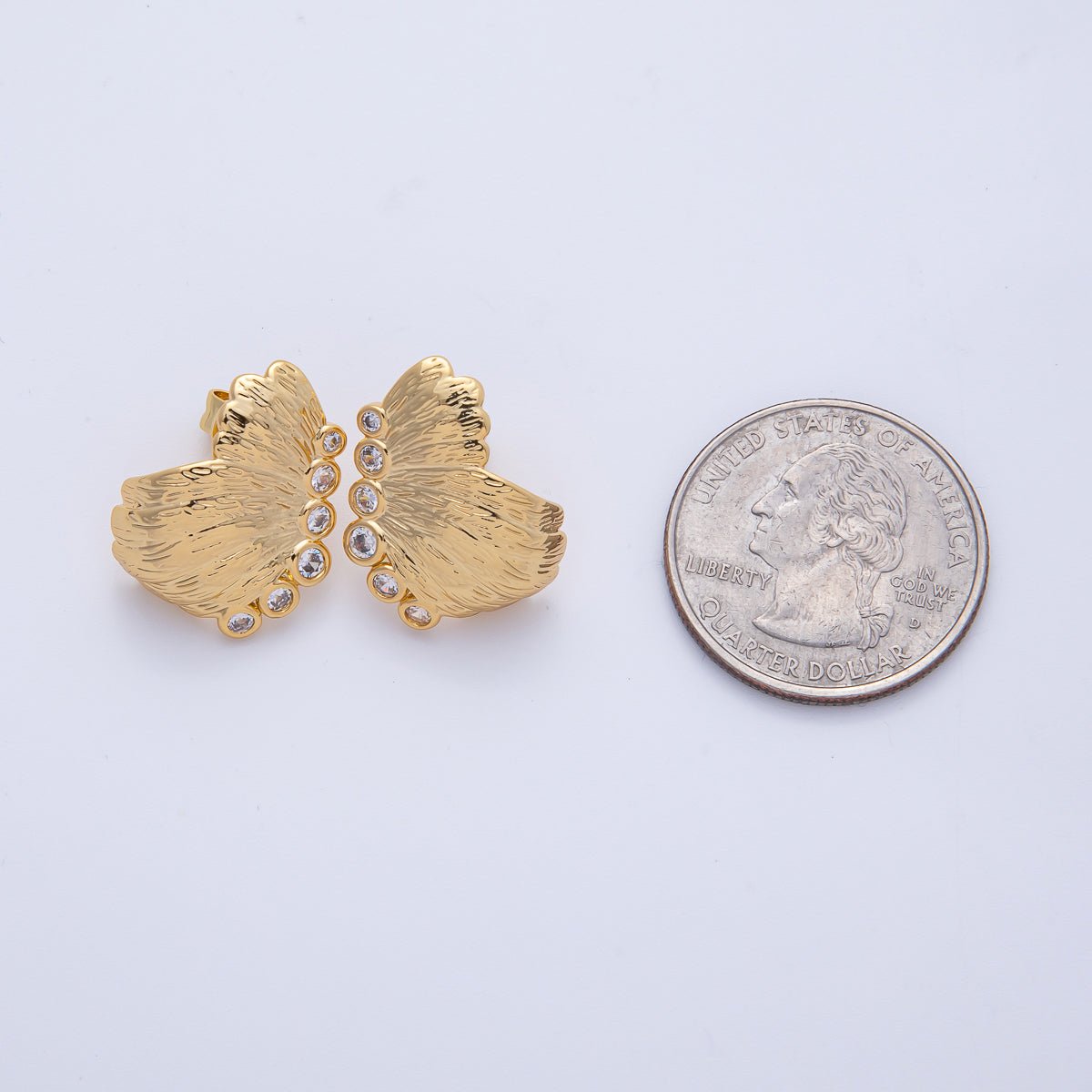 18K Gold Filled 20mm Clear CZ Textured Butterfly Wings Stud Earrings Set | AE619 - DLUXCA