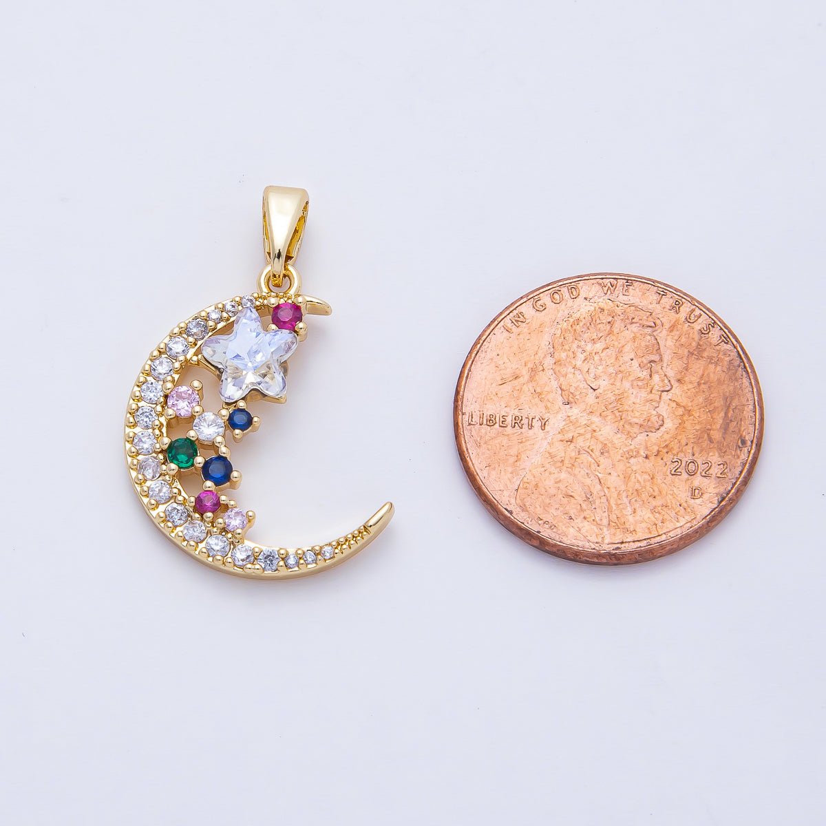 18K Gold Filled 20mm Colorful Celestial Moon and Star Night Sky Pendant Charm | AF1173 - DLUXCA