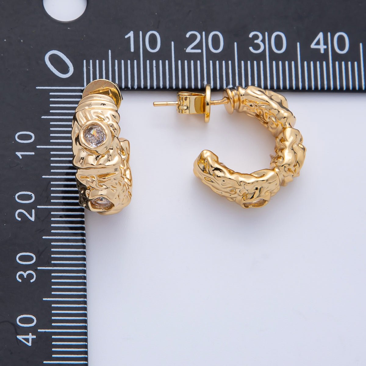 18K Gold Filled 20mm Fuchsia, Clear CZ Hammered Molten C - Shaped Hoop Earrings | AE623 AE624 - DLUXCA
