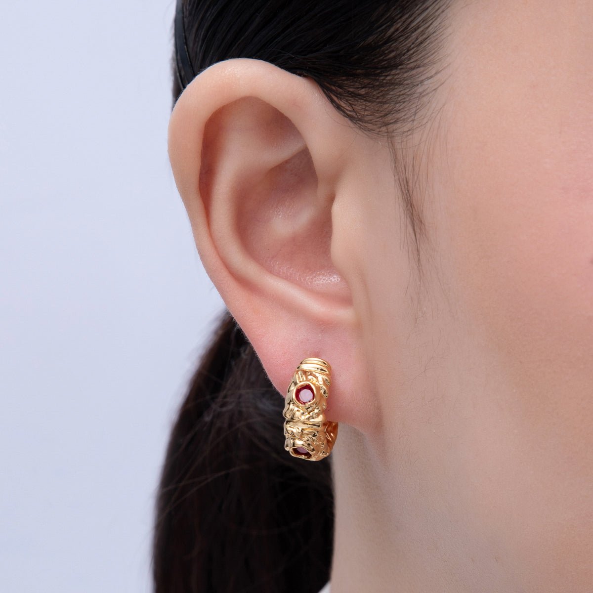 18K Gold Filled 20mm Fuchsia, Clear CZ Hammered Molten C - Shaped Hoop Earrings | AE623 AE624 - DLUXCA