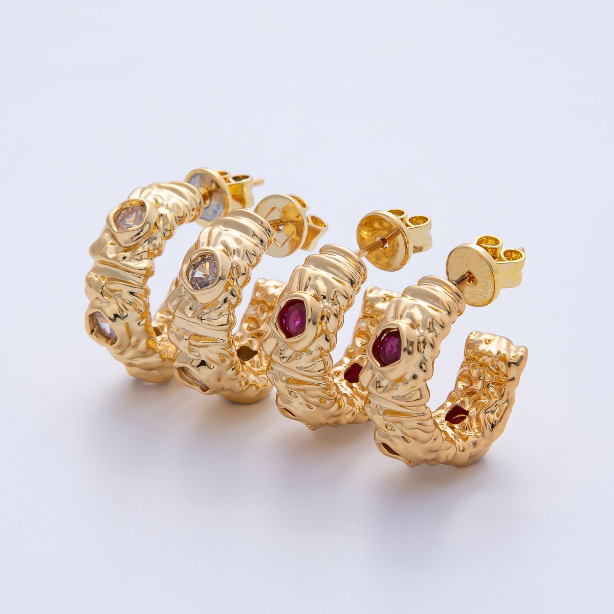 18K Gold Filled 20mm Fuchsia, Clear CZ Hammered Molten C - Shaped Hoop Earrings | AE623 AE624 - DLUXCA
