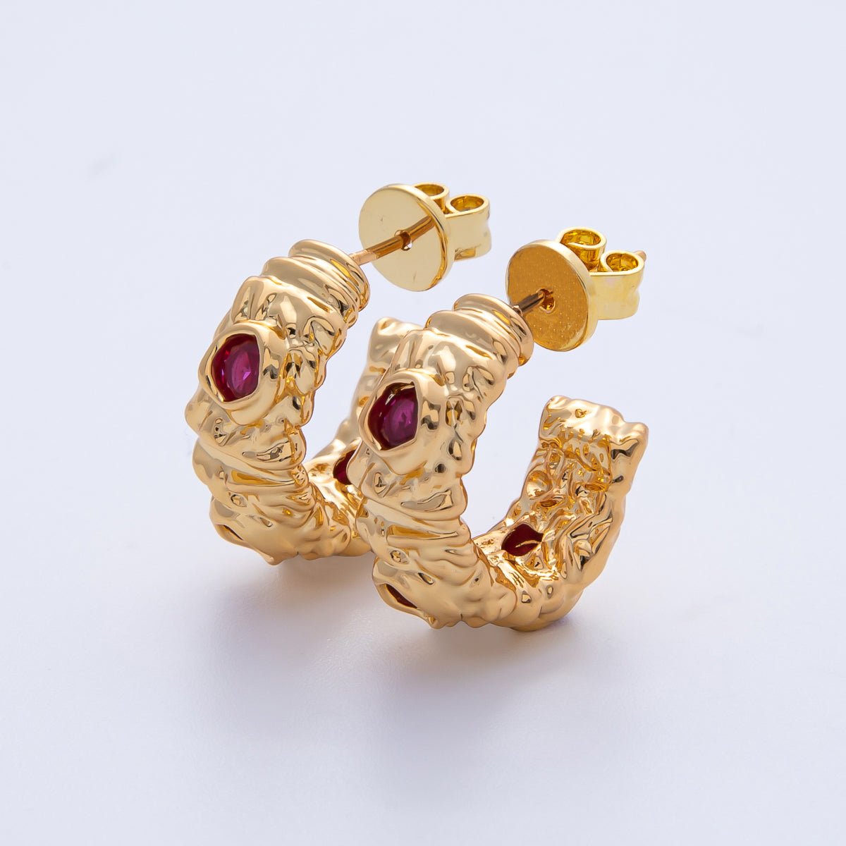18K Gold Filled 20mm Fuchsia, Clear CZ Hammered Molten C - Shaped Hoop Earrings | AE623 AE624 - DLUXCA