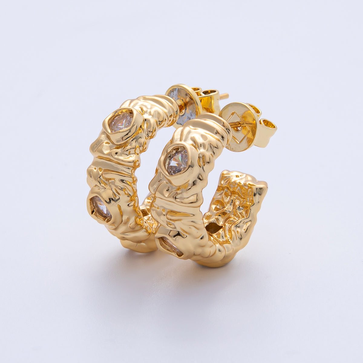 18K Gold Filled 20mm Fuchsia, Clear CZ Hammered Molten C - Shaped Hoop Earrings | AE623 AE624 - DLUXCA