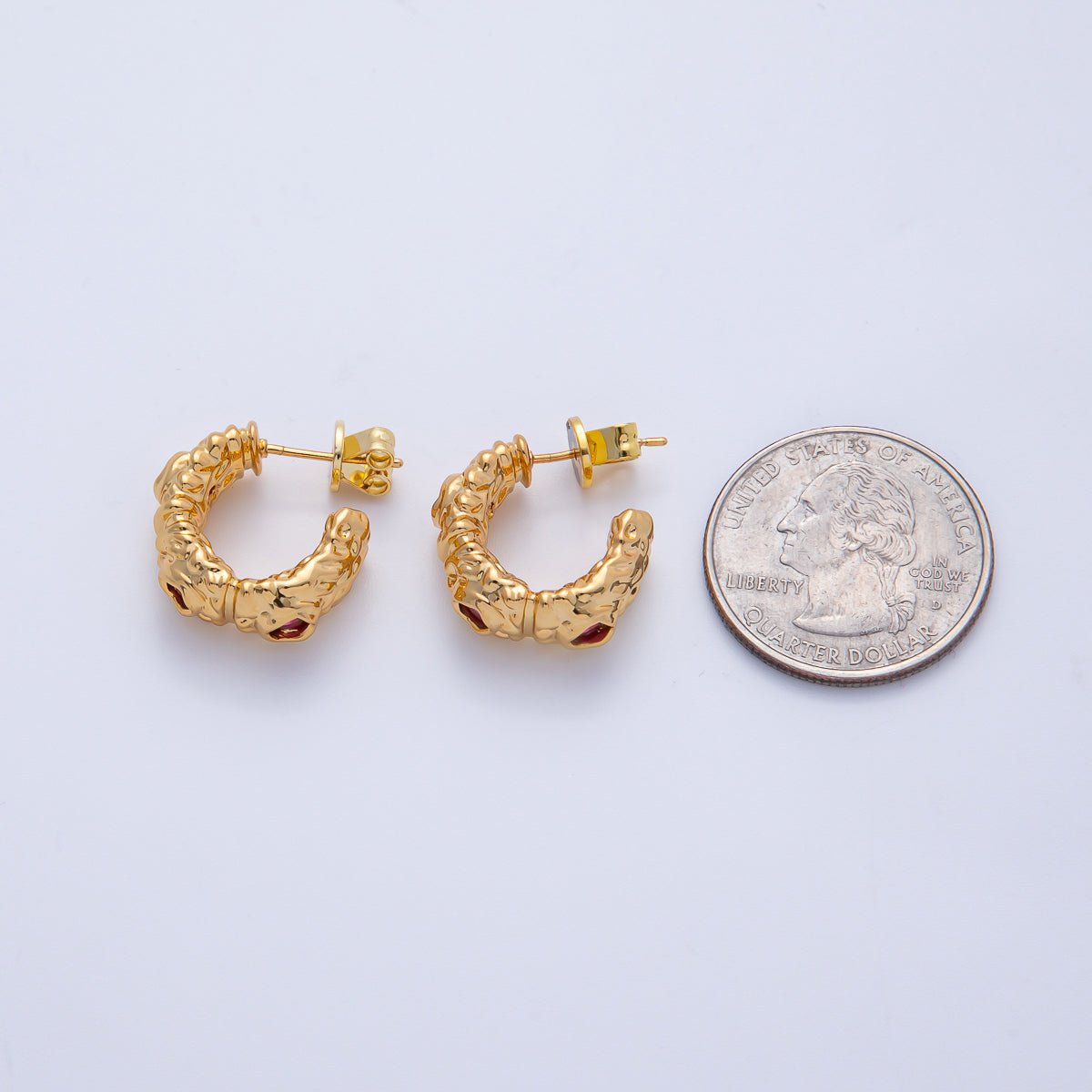 18K Gold Filled 20mm Fuchsia, Clear CZ Hammered Molten C - Shaped Hoop Earrings | AE623 AE624 - DLUXCA