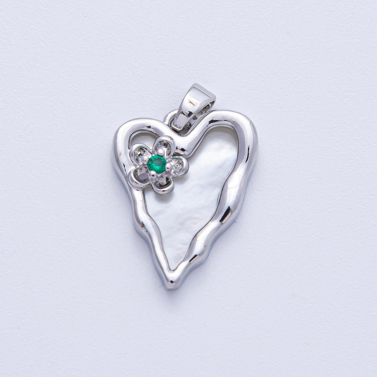 18K Gold Filled 20mm Green CZ Flower Shell Pearl Molten Heart Pendant in Gold & Silver | AF1204 - DLUXCA