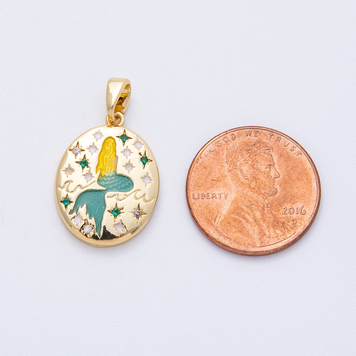 18K Gold Filled 20mm Mermaid Ocean Engraved CZ Oval Pendant | AF1215 - DLUXCA