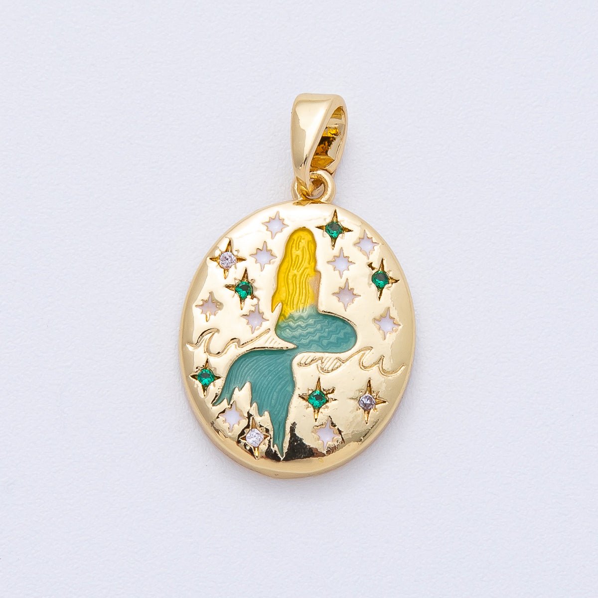 18K Gold Filled 20mm Mermaid Ocean Engraved CZ Oval Pendant | AF1215 - DLUXCA