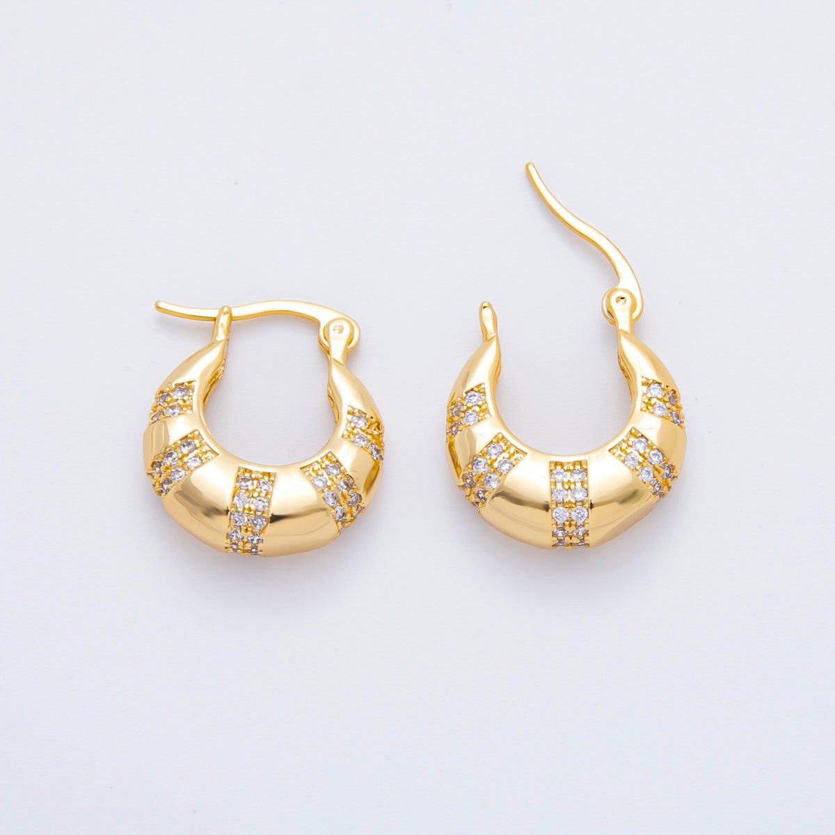 18K Gold Filled 20mm Micro Paved CZ Lined Dome French Lock Latch Hoop Earrings | AJ - 269 - DLUXCA