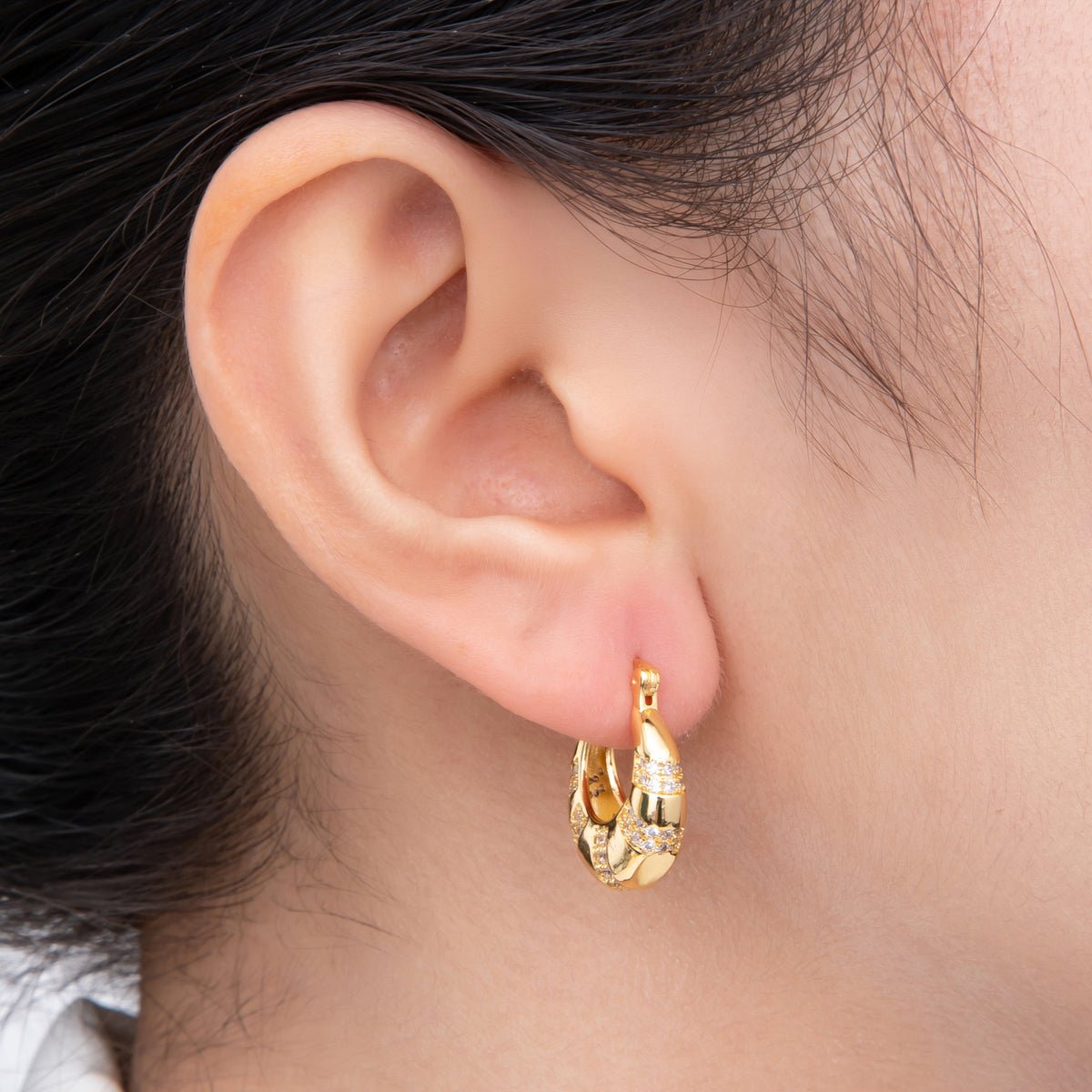 18K Gold Filled 20mm Micro Paved CZ Lined Dome French Lock Latch Hoop Earrings | AJ - 269 - DLUXCA