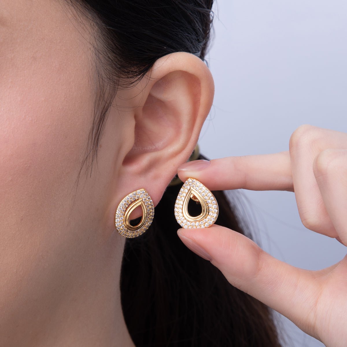 18K Gold Filled 20mm Open Micro Paved CZ Teardrop Stud Earrings | AD1601 - DLUXCA